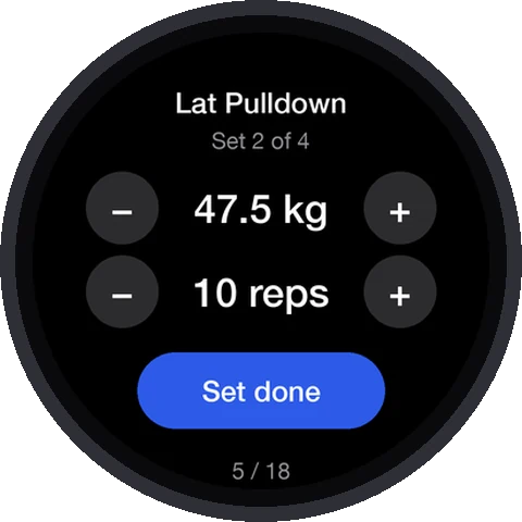 Logging a set of Lat Pulldown on an Amazfit watch: weight, reps and Set done