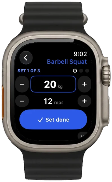 Logging a set of Barbell Squat on Apple Watch: weight, reps and Set done