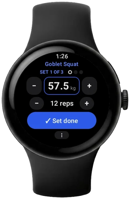 Logging a set of Goblet Squat on a Pixel Watch: weight, reps and Set done